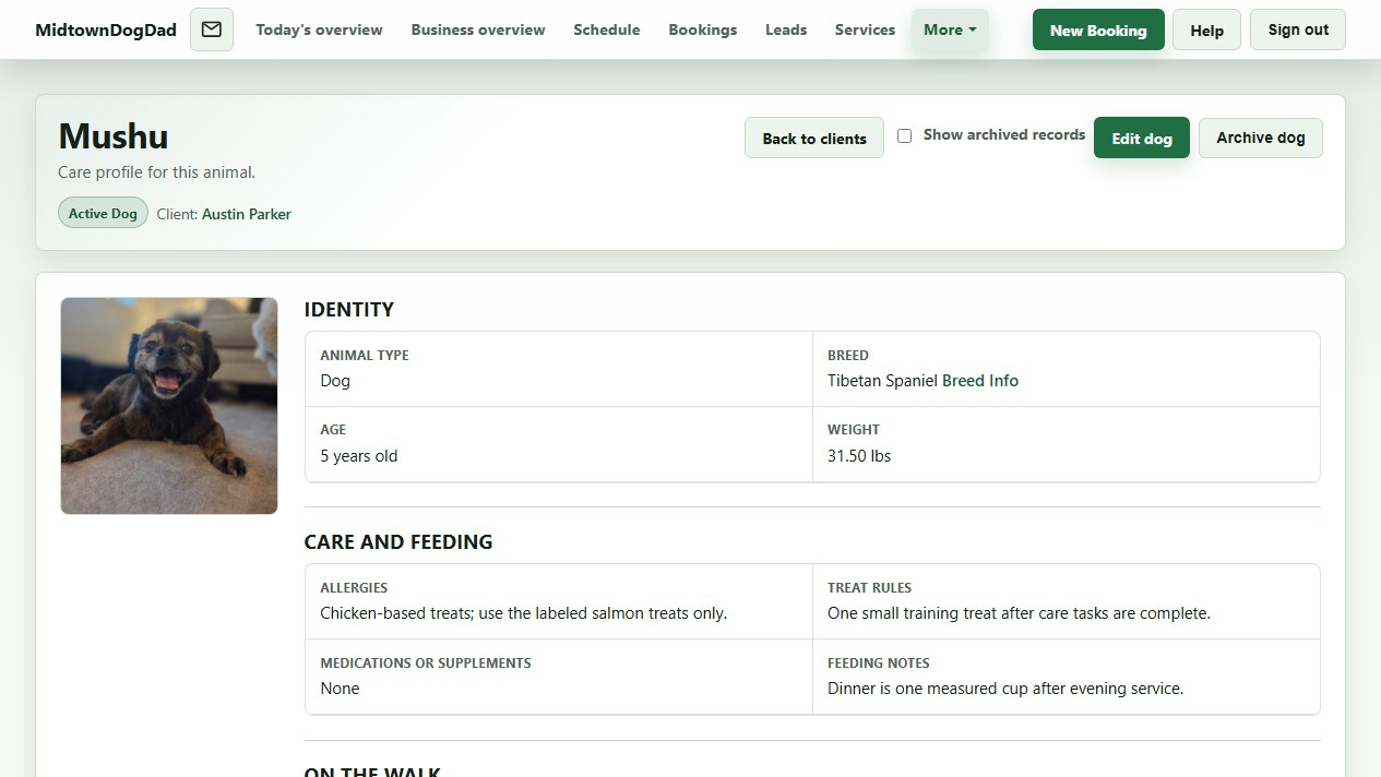 Caregiver animal care profile with breed, allergies, treat rules, feeding, behavior, and weather notes