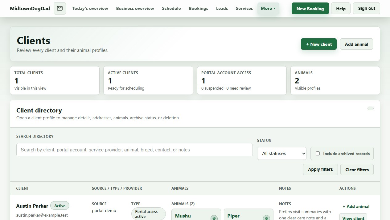 Caregiver client directory listing households with portal status, assigned provider, animals, and notes