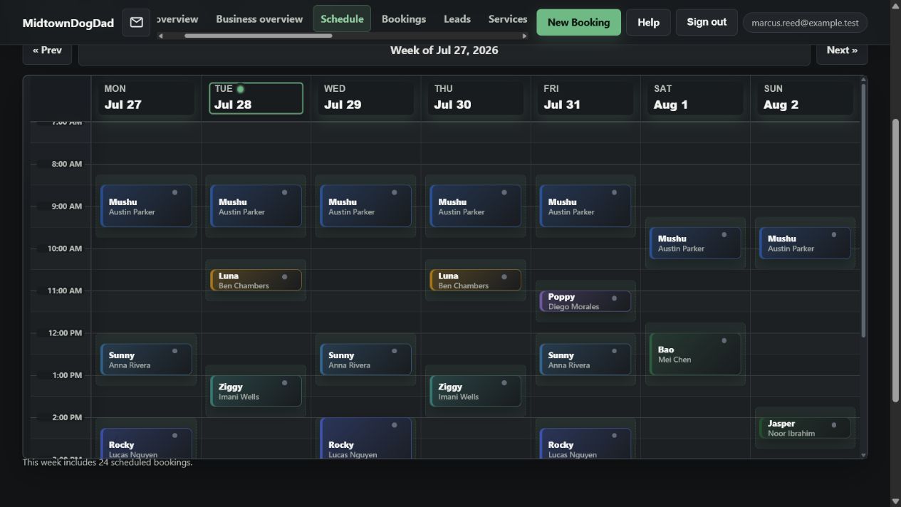 Weekly caregiver schedule with color-coded recurring and one-off animal-care bookings